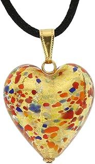 Clasp Closure Italian Murano Glass Heart Pendant Necklace with Multicolor Confetti Design and Crystal Gem Accent, perfect for women in love with unique artistry.