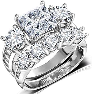 Princess Wedding Rings for Women - Brilliant Cubic Zirconia Big Engagement Bridal Sets Size 5-11