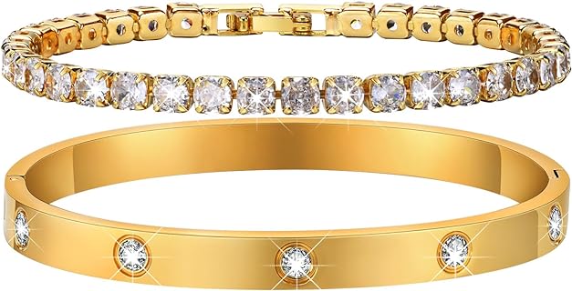 14k Gold Plated Stainless Steel Bangle and Tennis Bracelet Set - Dainty 4mm Cubic Zirconia, Stackable Jewelry for Women, Perfect Gift for Mother, Best Friend, Hypoallergenic
