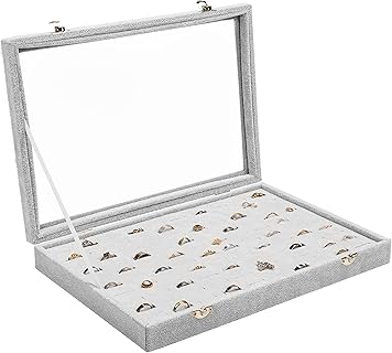 BELLE VOUS Boite à Bijoux en Velours Gris avec Couvercle en Verre et 100 Encoches, Pratique pour Organiser et Protéger vos Bagues et Boucles d'Oreilles - Idéale pour Femmes