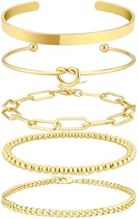 Bangle Cuff Bracelet Set for Women 14K Gold Plated/925 Sterling Silver Plated Bracelet Stack Adjustable Tennis/Beaded/Paperclip/Cuban Link Chain Bracelets Jewelry Accessories for Women