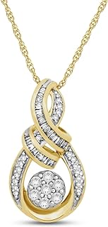 Jewelili 10K Yellow Gold 1/4 Cttw Natural White Baguette and Round Diamonds Cluster Pendant Necklace, 18" Rope Chain