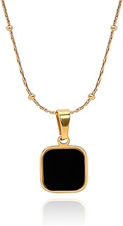 Vintage Black Square Necklace Onyx Pendant Necklace Chain Black Onyx Crystal Necklace Gold Satellite Chain Necklace Jewelry for Women and Girls Gifts