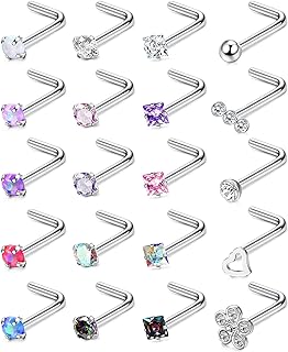 20-Piece Hypoallergenic 20G Stainless Steel Nose Studs Set with Cubic Zirconia for Men & Women, Various Colors & Shapes, L-Shaped & Straight Screw, Perfect for Lip & Nostril Piercings