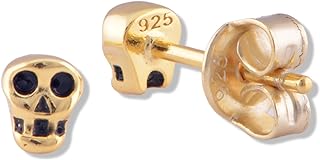 Push Back Yellow Gold Plated Sterling Silver Skull Stud Earrings for Women, Tiny Design