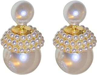 Shell Pearl Double-sided Earrings for Women Girls 925 Sterling Silver Post Gold Plated Hypoallergenic 8-14mm Imitation Pearls Front Back Stud Earring Dainty Wedding Birthday Bridal Jewelry Gifts