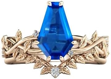 Unique Vintage White Sapphire Engagement Rings with Sterling Silver Band and Coffin Shaped Blue Sapphire - 10k Gold Bridal Set