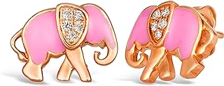 14k Rose Gold LE VIAN Elephant Stud Earrings with Pink Enamel and Diamond Details, Push-Back Clasp for Women's Elegant Fashion