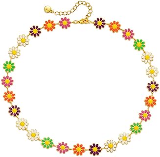 Colorful Daisy Flower Choker Necklace For Women 18k Gold Plated Dainty Beaded Necklace Adjustable Chain Boho Handmad Flower Delicate Fashion Necklace Beach Jewelry Christmas Valentine's Day Gifts For