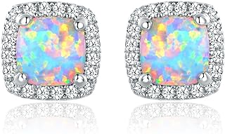 Barzel White Gold Plated Created White Opal Stud Earrings