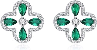 Women's Sterling Silver Shamrock Stud Earrings with Push-Back Closure and Green Crystal Four-Leaf Clover Design
