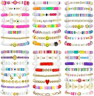 Chic 48-Piece Surfer Heishi Bracelets, Clay and Acrylic Beaded Friendship Bracelets for Women and Girls, Stackable Summer Beach Jewelry with Vibrant Designs