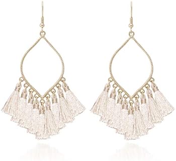 Boho Rhombus Metal Frame with Tassels Dangle Drop Earrings for Women