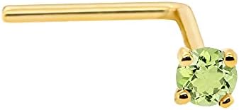 Solid 14Kt Gold L-Shape Nose Stud with Genuine Peridot Birthstone - Available in Yellow or White Gold - August Birthstone Nose Ring