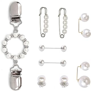 9PCS Pearl Waist Brooch Pins Dress Back Clips Waist Cincher Tightening Waistband Cardigan Clip Sweater Shawl Clips Decorated Safety Pins Collar Brooch for Women Girls Clothing