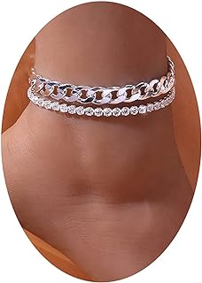 MIFYNN Women's Two-Layered Tennis Anklets - Rhinestone Studded, Stainless Steel Cuban and Cobra Chains with Lobster Claw Clasp