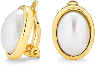 Vintage Oval Simulated Pearl Clip On Earrings with Gold-Plated Brass Bezel for Women with Non-Pierced Ears