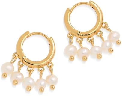 Hinged Hoop Freshwater Pearl Dangle Drop Huggie Earrings for Women and Teen Girls, Cute 18k Gold Plated Stainless Steel Heart Flower Design