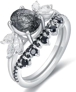 1.09 Carat Oval Cut Natural Black Rutilated Quartz Engagement Ring VVS1 Marquise Moissanite Bridal Sets Wedding Rings Round Cut Black Spinel Wedding Bands 925 Sterling Silver Goth Promise Rings for Women Unique Proposal Ring for Her