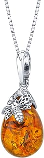 PEORA Genuine Baltic Amber Bumble Bee Pendant Necklace and Dangle Earrings for Women in Sterling Silver, Rich Cognac Color