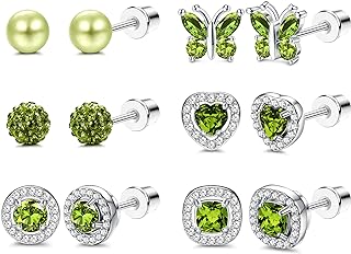 Drperfect 6-Pairs Stainless Steel Birthstone Stud Earrings with Push Back Design and Cubic Zirconia Gem for Women and Men