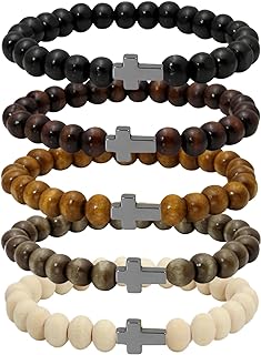 8mm Cross Beads Wooden Bracelet for Men Women Healing Lava Rock Stretch Bracelets Set