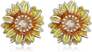 Cute Sunflower Stud Earrings for Women Girls 925 Sterling Silver Yellow Gold Crystal Enameled Hypoallergenic Small Flower Studs Cartilage Tragus Post Dainty Birthday Holiday Prom Party Jewelry Gifts