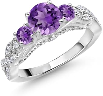 Gem Stone King 925 Sterling Silver Purple Amethyst and White Moissanite Engagement Ring For Women (1.47 Cttw, Gemstone February Birthstone, Round 6MM and 3MM)