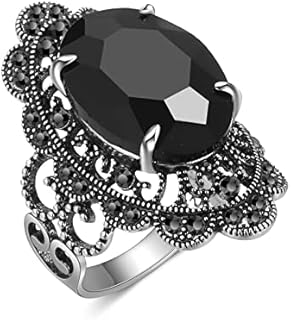 Black Retro Marcasite Rings for Women, Fashion Cocktail Statement Rings Costume Vintage Crystal Big Onyx Stone Rings Jewelry for Women Gifts for Her