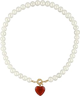 Natural Freshwater Pearl Semi Precious Heart Gemstone Pendant Necklace 18 Inch