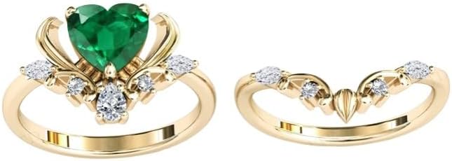 3 CT Heart Shaped Emerald Engagement Ring Set For Women Art Deco Emerald Ring Set Antique Emerald Wedding Ring Set Anniversary Rings Set