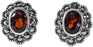 NOVICA Artisan Garnet Marcasite Stud Earrings, Handmade in Thailand, Sterling Silver, Push Back Fitting, Red Lotus Design
