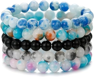 BOMAIL 5PCS Semi-Precious Gemstone Bracelet - Gemstones Crystal Beaded Bracelets for Women Reiki Healing Stone Stretch Bracelet 8mm Round Beaded Bracelets Gifts