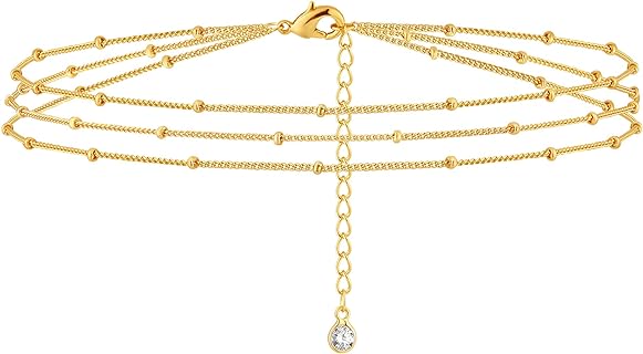 18K Gold Plated Beaded Necklace with Link Chain & Cubic Zirconia Gems for Women - Evil Eye Design