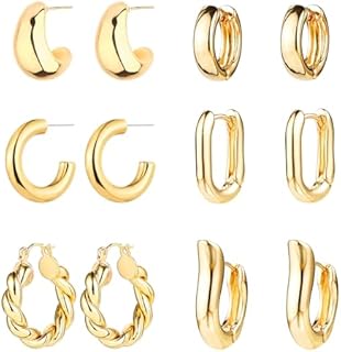 6 Pairs Gold Hoop Earrings for Women, 14K Gold Plated Huggie Hoop Earrings Set Hypoallergenic Lightweight Chunky Open Hoops Jewelry for Gift
