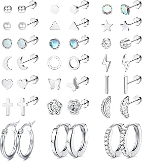 JeweBella 21Pares Pequeños Pendientes con Acero Quirúrgico e Hipoalergénico, 20G de Tamaño y Diseño Flatback, Para Mujeres y Niñas en Cualquier Ocasión