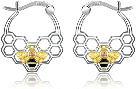 925 Sterling Silver Bee Hoop Earrings with Cubic Zirconia for Women & Girls in Honeycomb Design