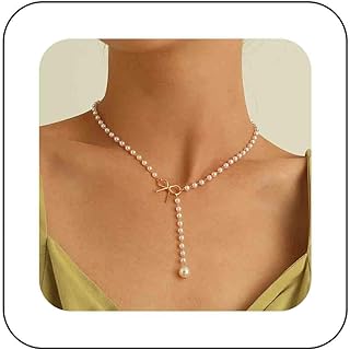 Gold Pearl Y Necklace Chain Bow Knot Necklace Choker Pearl Beaded Chain Choker Necklace Pearl Y Drop Lariat Necklace Chain Jewelry for Women and Girls