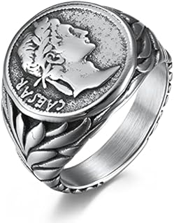 Classic Stainless Steel Signet Ring for Men and Women, Vintage Roman Empire Inspired Design with Caesar Coin Imprint, Size 7