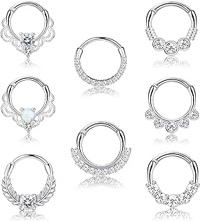 LOYALLOOK 8PCS 16G Septum Clicker Ring Stainless Steel CZ Opal Cartilage Helix Tragus Hoop Daith Earrings Nose Rings Hoop Hinged Segment Clicker Ring Piercing Jewelry