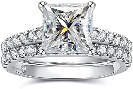 AnuClub （Total 4.14ct 3CT Center Moissanite Engagement Rings Wedding Band D Color VVS1 Round Cut 925 Sterling Silver Bridal Sets for Women