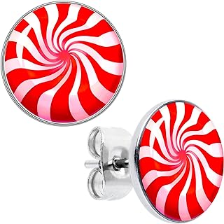 Charming Reversible Stainless Steel Stud Earrings with Push Back Design for Women, Festive Holiday Peppermint Candy Shape