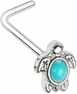 20 Gauge Sea Turtle L-Shaped Nose Ring in 316L Stainless Steel with Turquoise Accents for Casual and Occasion Wear