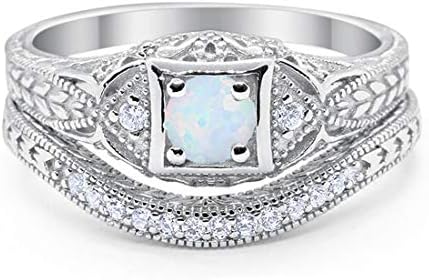 Blue Apple Co. Art Deco Vintage Style Two Piece Wedding Engagement Bridal Set Ring Band Round CZ 925 Sterling Silver Choose Color