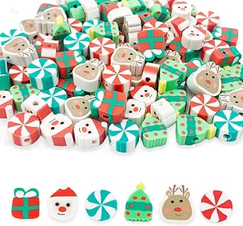 100 Pcs Christmas Handmade Polymer Clay Beads, 10mm Polymer Clay Spacer Beads for Women Girls Jewelry Making DIY Charms Bracelet Necklace Hair Clip Accessories Handmade Craft(Christmas B)