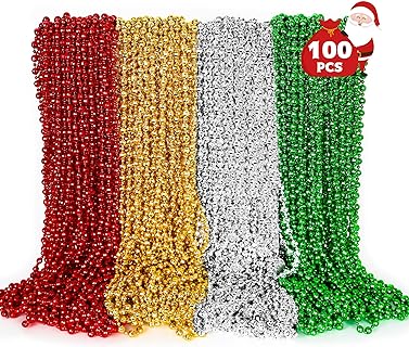 QZYL Christmas Necklace, Upgraded Metallic Red Gold Green Silver Beads Necklace Bulk, Plastic Christmas Beads Necklace, Classic Christmas Costumes Decorations for Adults Kids Xmas New Year Party