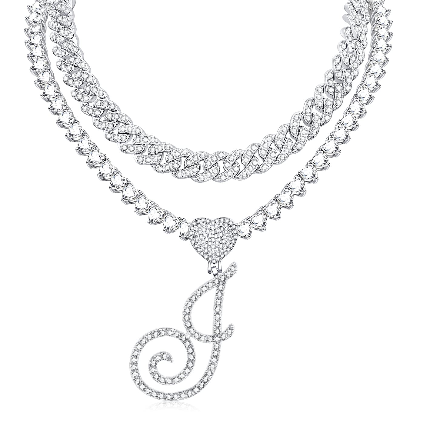 KOHOTA Cursive Silver Initial Pendant Necklace for Women Miami Cuban Link Chain Layered Heart Shape Bling Diamond Iced Out Chain Pendant Necklace Hip Hop Jewelry Gift 2PCS Chains