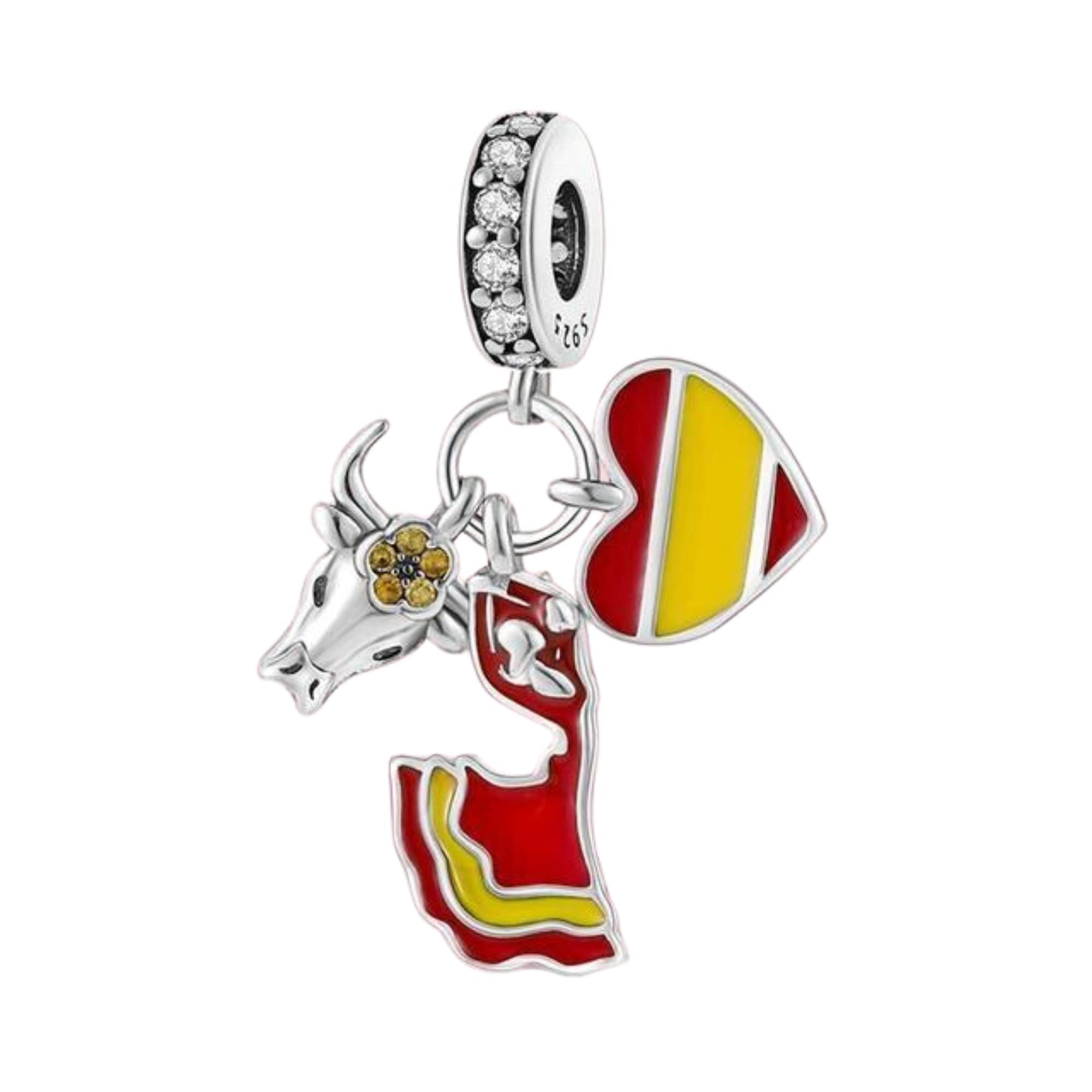 Spain Country Charm Bracelet with Sterling Silver and Button Clasp, Ideal Gift for Women, Featuring Bull and Flag Design