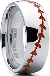 Metal Masters Men's Titanium Sports Baseball Ring Wedding Band with Red Stitching, Comfort Fit, Dome High Polish Finish 8mm Sizes 8 to 13