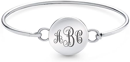 Bling Jewelry Personalize .925 Sterling Silver Letters Initials Alphabet Monogram Heart or Round Bracelet Hinge Bangle For Women Teen Girlfriend Polished Solid Strong Customizable